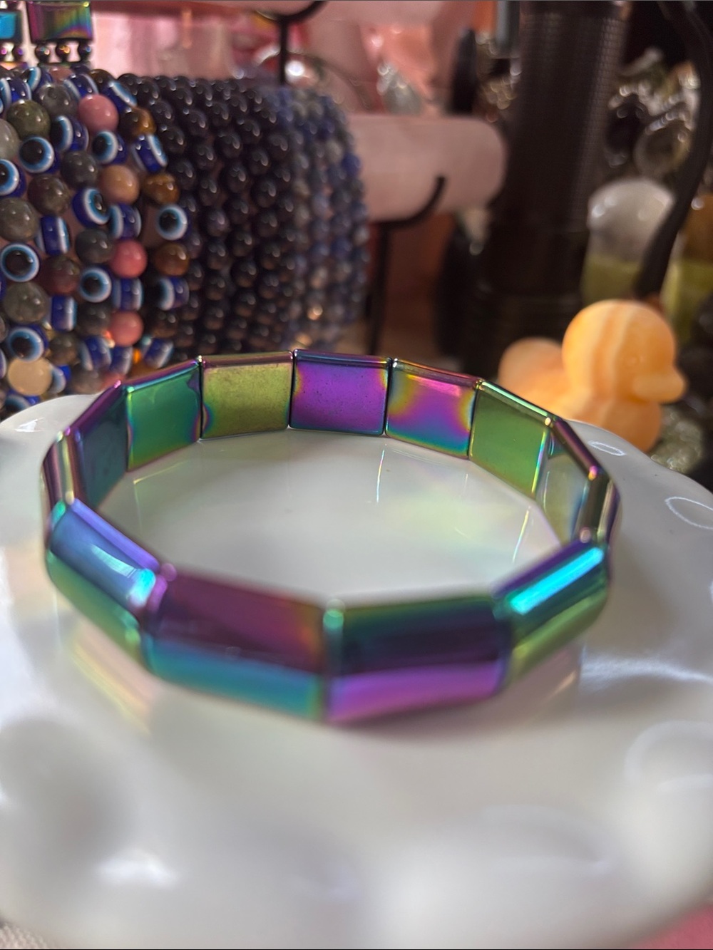 Iridescent Rainbow Hematite Tile Stretch Bracelet - Women Jewelry